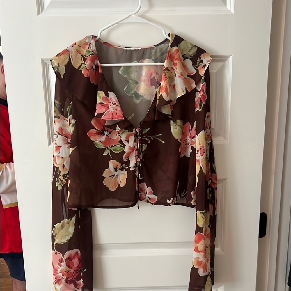 Tularosa Brown and Orange Ruffled Crop Blouse